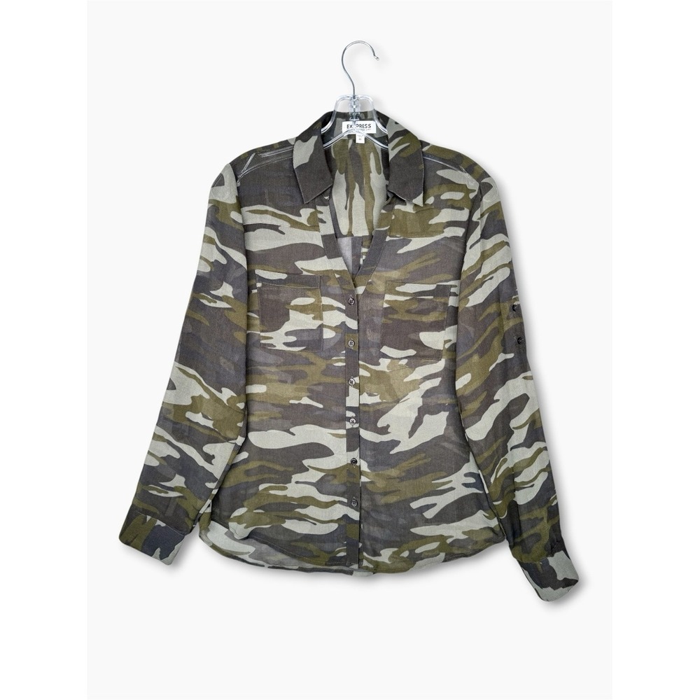 Express Portofino Sheer Button Up Shirt Roll Tab Green Camo XS